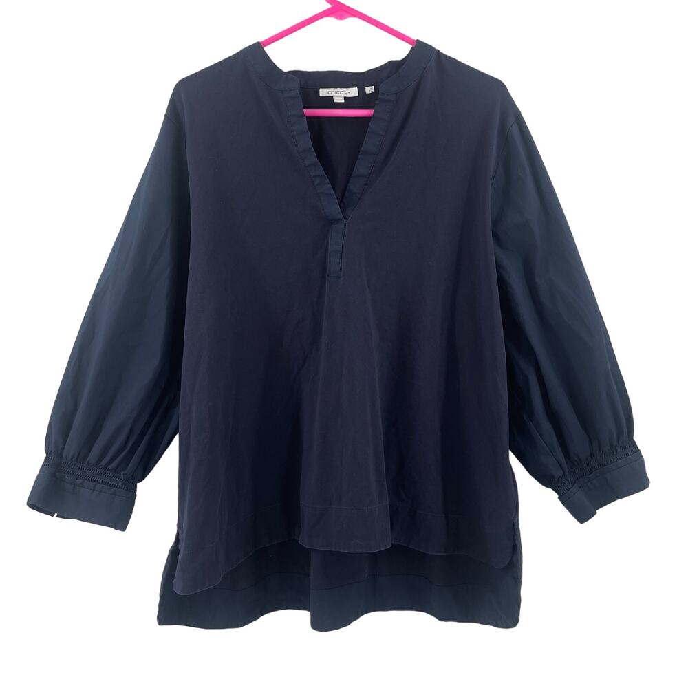 CHICO'S Blouse Size XXL Navy Mixed Fabric Puff Statement Sleeves Office Work